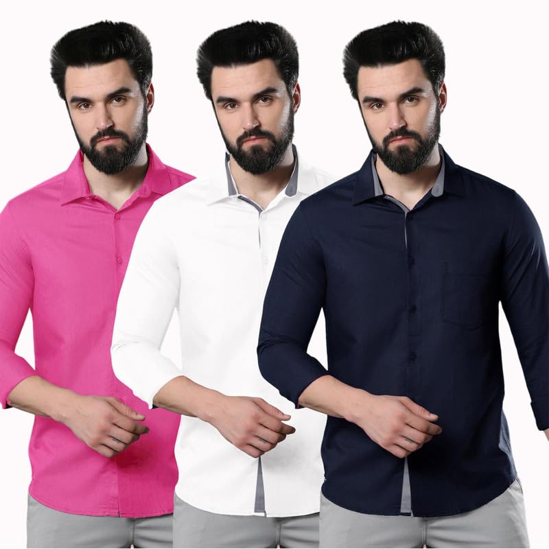 Image of Pinkmint Men's Solid Shirt | Soft Cotton Blend | Casual Shirt | Plain | Full Sleeve - Regular Fit (Combo Pack of 3 | Available in Plus Size)
