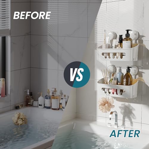 Image of TAILI Shower Caddy Suction Cup 2 Pack, Heavy Duty Bathroom Organizer, Removable Shelves for Inside Shower, Shampoo, Waterproof Suction Plastic Storage for Bathroom Accessories Holder, White