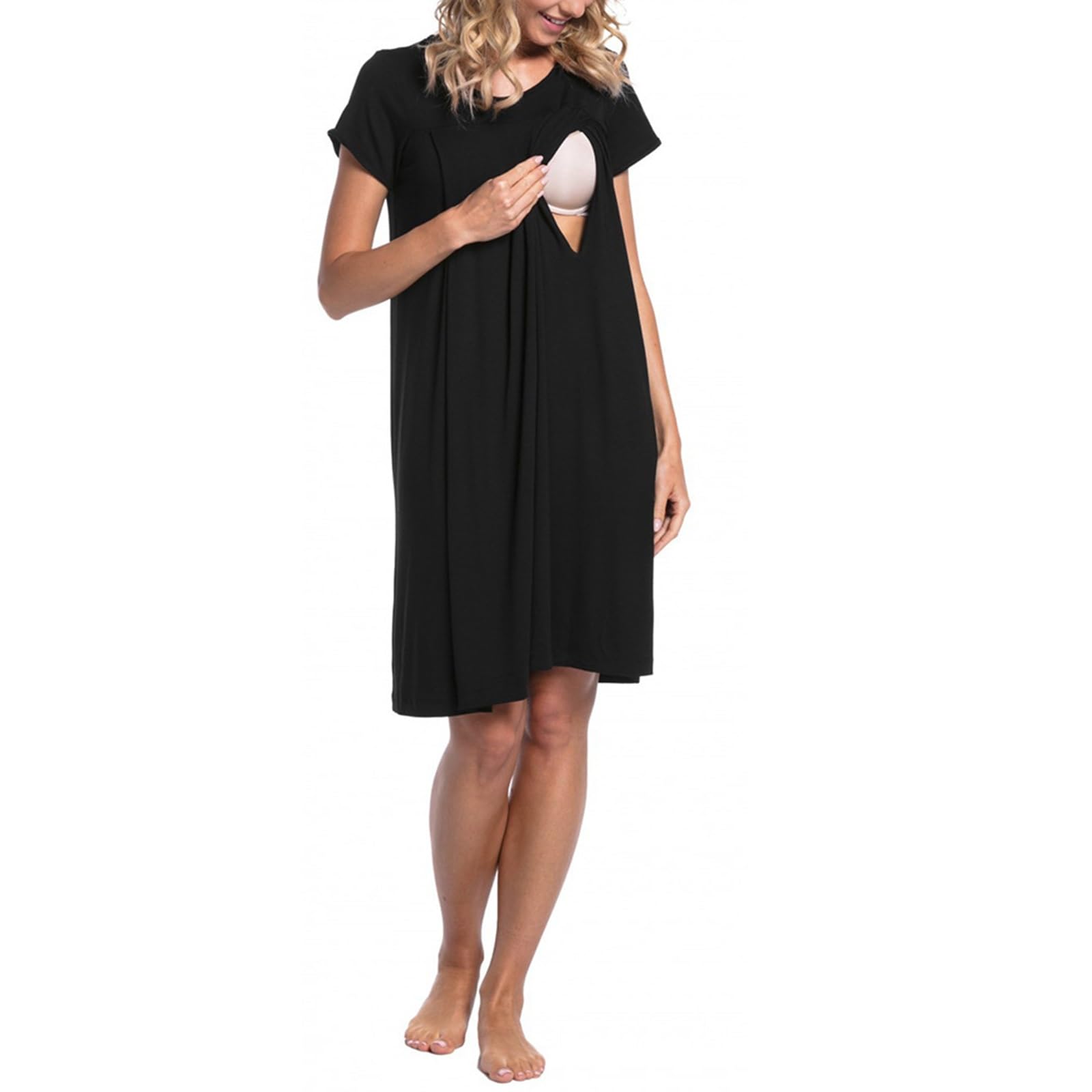 3 In 1 Nursing Dress Hospital Bathrobe Delivery Breastfeeding Birthing Gown/Maternity Nightgown with Button (Color : Black, Size : L)