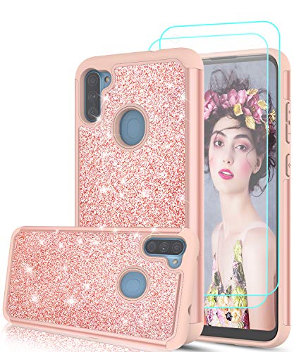 Samsung A11 Case, Samsung Galaxy A11 Case with Tempered Glass Screen Protector [2 Pack] for Girls Women, LeYi Glitter Bling Sparkle Dual Layer Heavy Duty Protective Phone Cover Cases for A11,Rose Gold