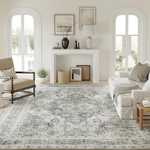 PureCozy Vintage Area Rug 5x7 Beige Washable Living Room Large Carpet Non Slip Bedroom Indoor Office Low Pile Traditional Distressed Retro Accent Rug for Dining Room Bathroom Kitchen