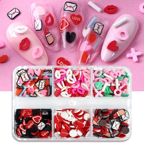 6 Grids Valentines Nail Art Slices Red Lips Designs Heart Nail Charms 3D Colorful Clay Slices Mini Slices for DIY Crafts Nail Art and Cellphone Decorations Accessories