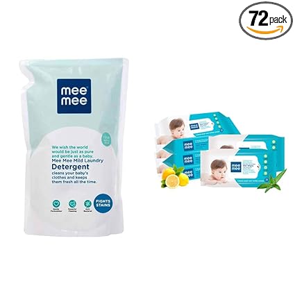 Mee Mee Mild Baby Liquid Laundry Detergent Refill Pack, 1.2L & Caring Baby Wet Wipes, Lemon Fragrance, 72 Pieces (Pack of 5) Combo