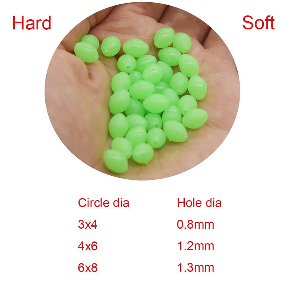 NA 1000pcs/lot Green Glow Fishing Beads Eggs Plastic Luminous Oval Egg Bead Tool Jigs Rigging Soft/Hard Artificial Fishing Tackle Tools Eggs Sea Fishing Lure Tackles (Soft(3mmx4mm) 1000pcs)
