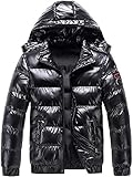 Safety Certification Hooded Shiny Puffer Jackets for Men, Winter Thicken Padded Coat Plus Size Bomber Alternative Down Jacket (Color : Black, Size : M-Medium)