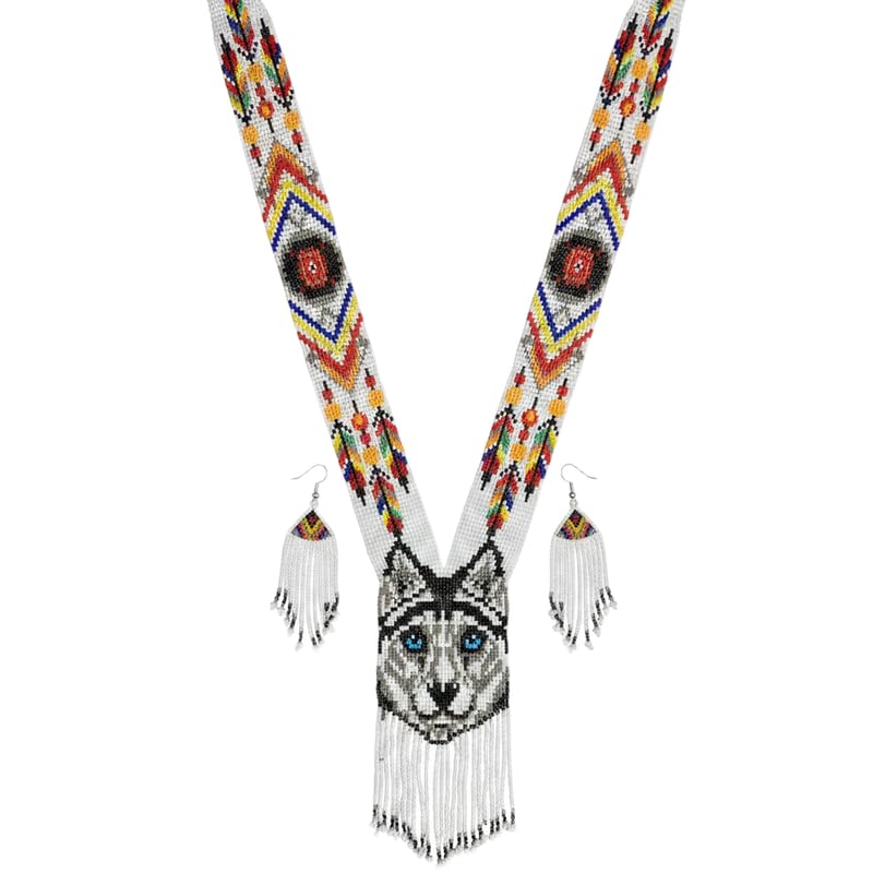 Gerdan ucraniano tradicional de cuentas, collar y pendientes Spirit Wolf multicolor