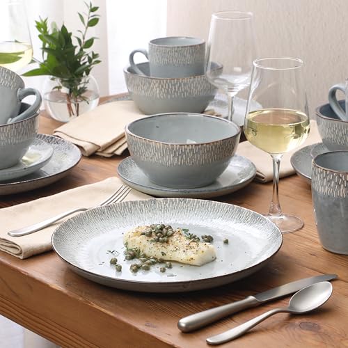 Image of Gibson Elite Jasper 16 Piece Plates and Bowls Reactive Glaze Dishes Stoneware Ceramic Dinnerware Set - Service for 4 - Grey