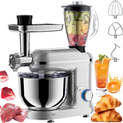 5.5l Mixers For Baking, 1400w Food Mixers For Baking With Bowl, 3 Types Of Mixers, 6 Speed Control, Splash Guard, Juice Blender, Meat Grinder, Stainless Steel Food Mixer For Kitchen