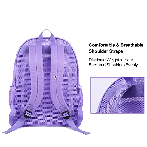 Image of COVAX Heavy Duty Mesh Backpack, Semi-transparent Mesh Bookbag, See Through College Backpack with Bungee and Comfort Padded Straps for Commuting, Swimming, Beach, Outdoor Sports (Purple)
