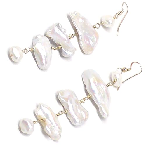 Miniatura 4 de Large White Kishi Biwa Cultured Freshwater Pearl Dangle Earrings Sterling Silver Gold-Filled