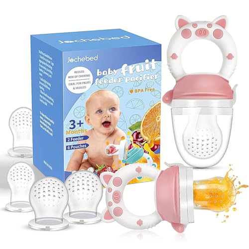 Image of Baby Fruit Food Feeder Pacifier - Fresh Teething Pacifiers, Infant Fruit Teething Teether Toy for 3-24 Months, 6 Pcs Silicone Pouches for Toddlers & Kids & Babies, Piggy Handle 2-Pack (Pink)