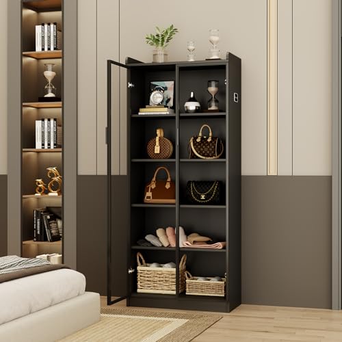 Display Cabinet with Adjustable Shelves, 65" Tall Bookcase with LED Lights/Human Sensor, 5 Tier Display Case for Collectibles Bedroom Living Room Office, Black - Transparent Acrylic Doors