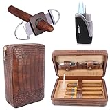 AMANCY Premium Brown Leather Travel Cigar Case,Luxury Portable Cigar Humidor W/Quality Cigar Cutter Lighter Set