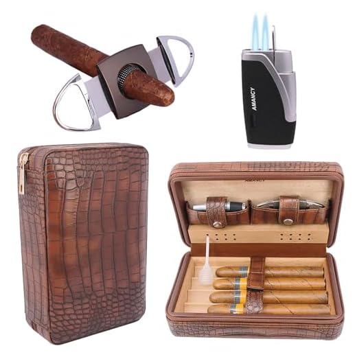 AMANCY Premium Brown Leather Cigar Travel Case Humidor W/Cutter Lighter Set