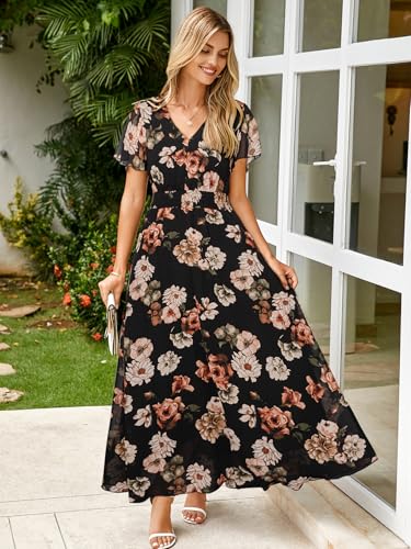 Image of Simplee Womens Floral Maxi Dress - Short Sleeve Summer Boho Wedding Guest Dress Empire Waist Chiffon Modest Midi Dresses
