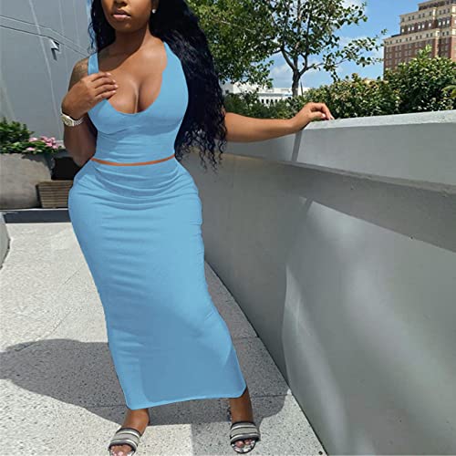 Image of Women Sexy Two Piece Skirt Outfits Long Sleeve /Sleeveless V Neck Bodycon Ribbed Knitted Maxi Club Party Dress
