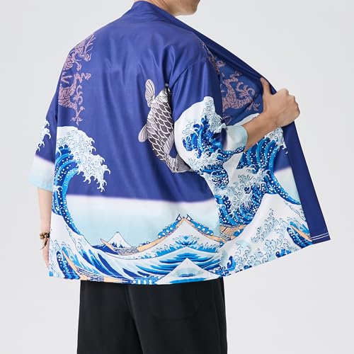 Image of PRIJOUHE Men's Lightweight Kimono Jacket Seven Sleeve Open Front Cardigan Coat Japanese Style Bathrobe