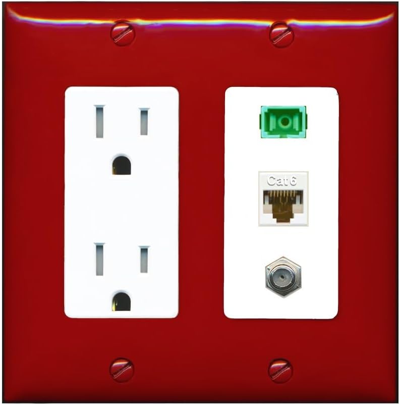 RiteAV 1 Port Fiber Optic Jack SC Simplex APC + Cat6 + Coax Wall Plate - Tamper-Resistant Outlet [Red/White]