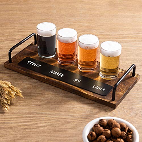 Mygift Beer Tasting Glasses And Wooden Fight Board Set Includes 4 Beer Glasses And Rustic Burnt Brown Wood Serving Tray With Metal Handles And Chalkboard Label #TOP1