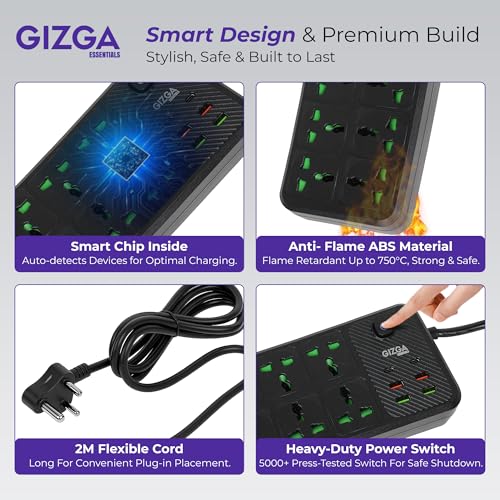 Image of Gizga Essentials 2500W /10A Extension Board | Universal 6 Sockets with 2 Type C & 4 USB A for Office & Home Appliances | Surge Protector Power Strip with 2M Cord, Child Safety Shutter, Spike Guard