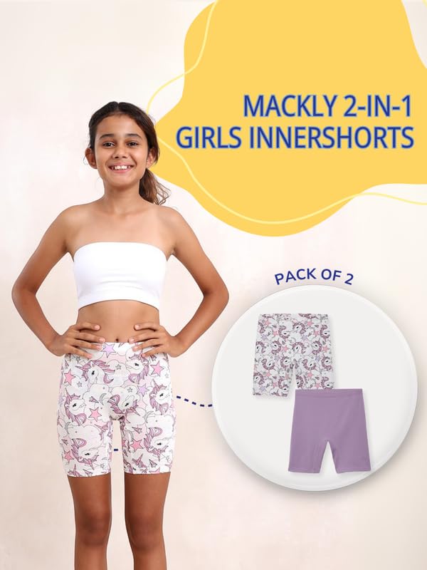 Image of mackly Girls Inner Shorts (Pack of 2) | 2-in-1 Seamless Panty Shorts with Gusset | Soft Breathable Base Layer for Dresses, Skirts