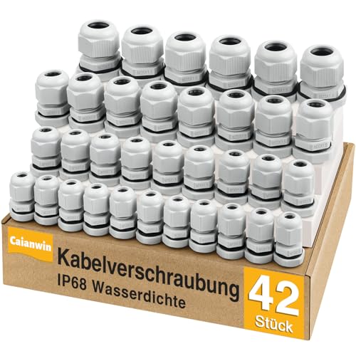42 Stück Kabelverschraubung Set - Caianwin IP68 Kabeldurchführung Wasserdicht M12 M16 M20 M25 Verschraubung Set für Abzweigkasten Verteilerkasten Aufputz-Sicherungskasten Wandverteiler