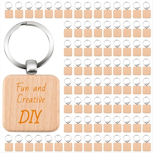 AWAOVV Lot de 100 porte-clés carrés en bois sculpté - Environ 40 x 40 mm