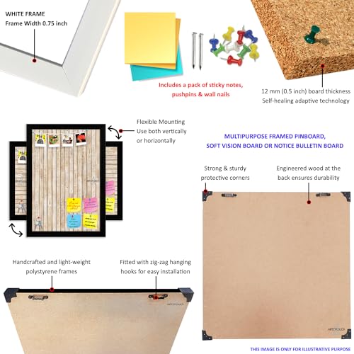 Image of ArtzFolio Cork Board | Bulletin Board Notice Pin Board | Vision Soft Board Combo with Thumb Push Pins & Sticky Notes | White Frame | 36 x 24 inch (91 x 61 cms)