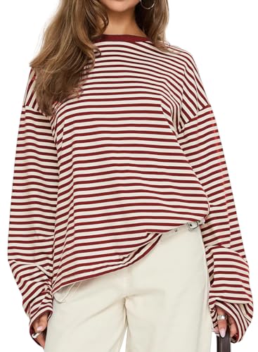 CHYRII Womens Oversized Striped Long Sleeve T Shirt Fashion 2026 Crewneck Casual Fall Spring Tops Y2K Clothes (Red M)
