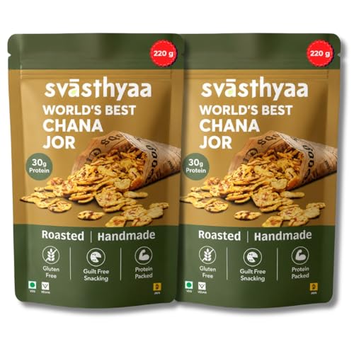 Image of Svasthyaa Roasted Chana Jor Garam Healthy Snack for Kids & Adults | Crispy Channa Namkeen, High Protein, Gluten Free | Vegan Jain Snack with Sea Salt & Hing | No Palm Oil, No Added Sugar 220g - Pack of 2