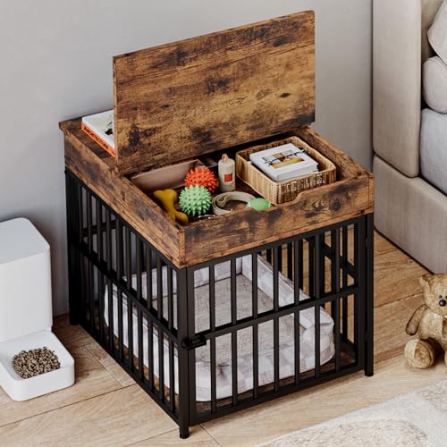 IRONCK Dog Crate Furniture for Small Dogs, Wooden Dog Kennel with Flip Top Drawer, Indoor Pet Crate End Table with Charging Station, Steel-Tube Dog Cage, Rustic Brown - Image 6