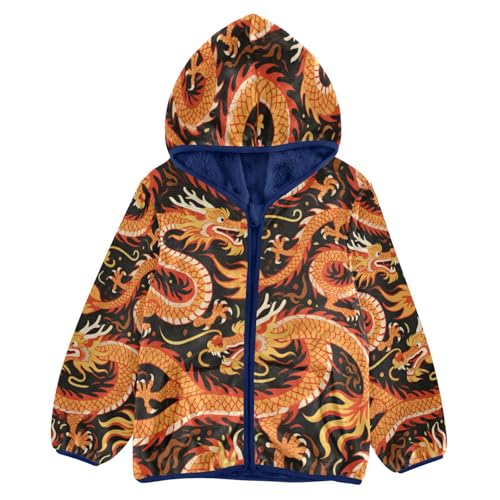 Dragon Pattern Print on Fabric Toddler Fleece Jacket Girl Boys Hooded Fleece Jacket Coat Warm Outwear Zip-up 3-10T