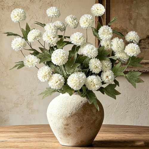 Image of 6PCS Cream Mums Long Stem Faux Fall Flowers Realistic Artificial Fall Flowers Indoor 25.5 inch Faux Silk Mums Flower Stems for Vases Flowers Artificial for Decoration Farmhouse Home Decor