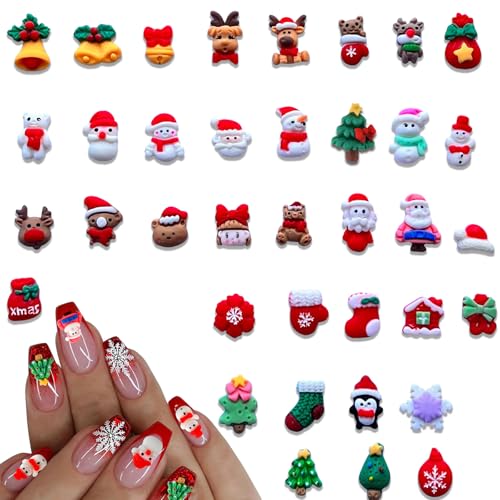 37PCS Christmas Nail Art Charms - Mixed 3D Resin Charms with Santa Claus Elk Xmas Tree Gloves Bells Snowman Designs