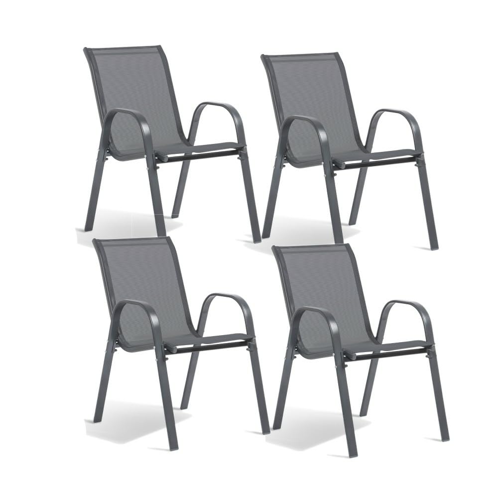 TERRE JARDIN Lot de 4 Chaises de Jardin Textilène Gris - Fauteuils Extérieur Empilables avec Accoudoirs - Chaise de Jardin Résistante UV et Intempéries pour Terrasse, Balcon