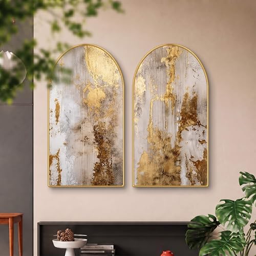 Image of Livin'luxe Set of 2 Abstract Wall Painting for Living Room, Gold Texture Modern Artwork, PVC Golden Frame, Arch Shape Wall Decor for Bedroom, Hall, Office & Gift (30 x 32 Inch) RPNL-02-111