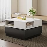 Square 360°Rotating Wooden Coffee Table with 2-Tier and 4 Drawers,Modern Two-Tone Coffee...