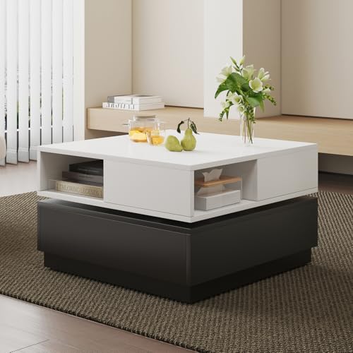 Square 360°Rotating Wooden Coffee Table with 2-Tier and 4 Drawers,Modern
