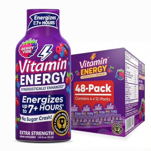 Vitamin Energy Berry Vibe Extra Strength Energy Shot, 96 Pack - Up to 7 Hrs, 260mg Natural Caffeine, Zero Sugar - BCAAs + CoQ10, Focus Support, B12 B6 Niacin, 1.93 fl oz, Keto Vegan