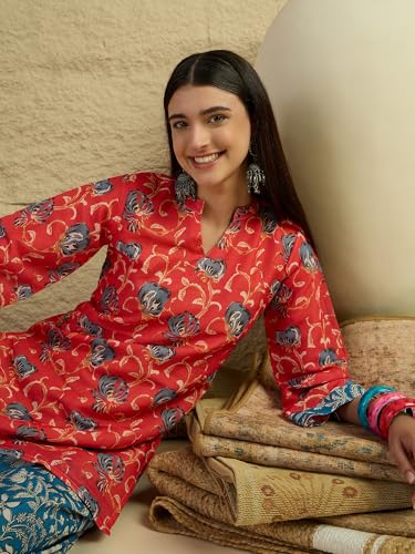 Image of EthnicJunction Women's Linen Floral Print Summer Wear Straight Short Kurti with Afghani Pant Set | Co Ord Set for Women Stylish | Fusion wear Women