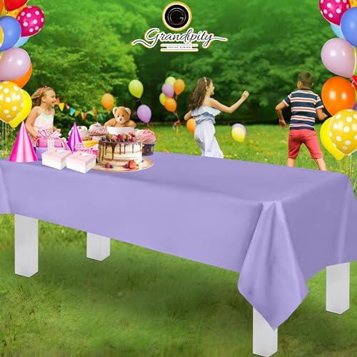 Image of Grandipity Plastic Table Cloth Disposable 12 Pack 54 inch x 108 inch Rectangle | Lavender Plastic table covers, durable disposable tablecloths, fade and tear-resistent table cover for party, event
