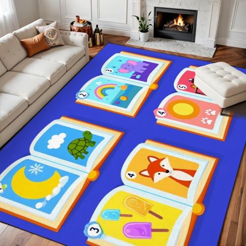 8x10 Area Rugs for Kids Boho Washable Rug for Playroom Colorful Book Seating Blue Library Reading Moon Turtle Soft Rubber Backed Non-Slip Carpets for School Learning Nursery Room Home Decor