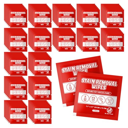 Image of Stain Remover Wet Wipes Bulk, Portable Cloth 7.1 x 4.7 Inch (Red 200) | Individual Wrapped Travel Messy Eater Cleaning Laundry Stain Removal Wipes Pocket Size for Clothing Fabric /Wine /Fast Food