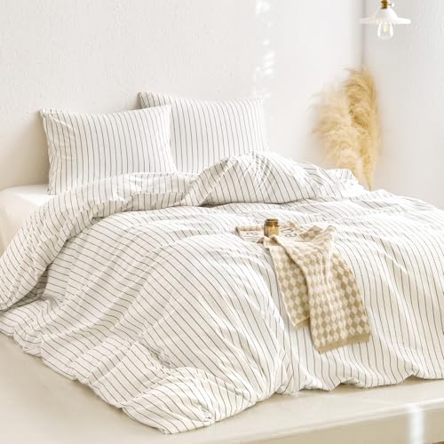 Image of Wake In Cloud - Striped Cotton Duvet Cover Set, Ticking Stripe Vertical Pinstripe Farmhouse, 100% Washed Cotton Textured Bedding Set, 3 Pieces, White, King Size