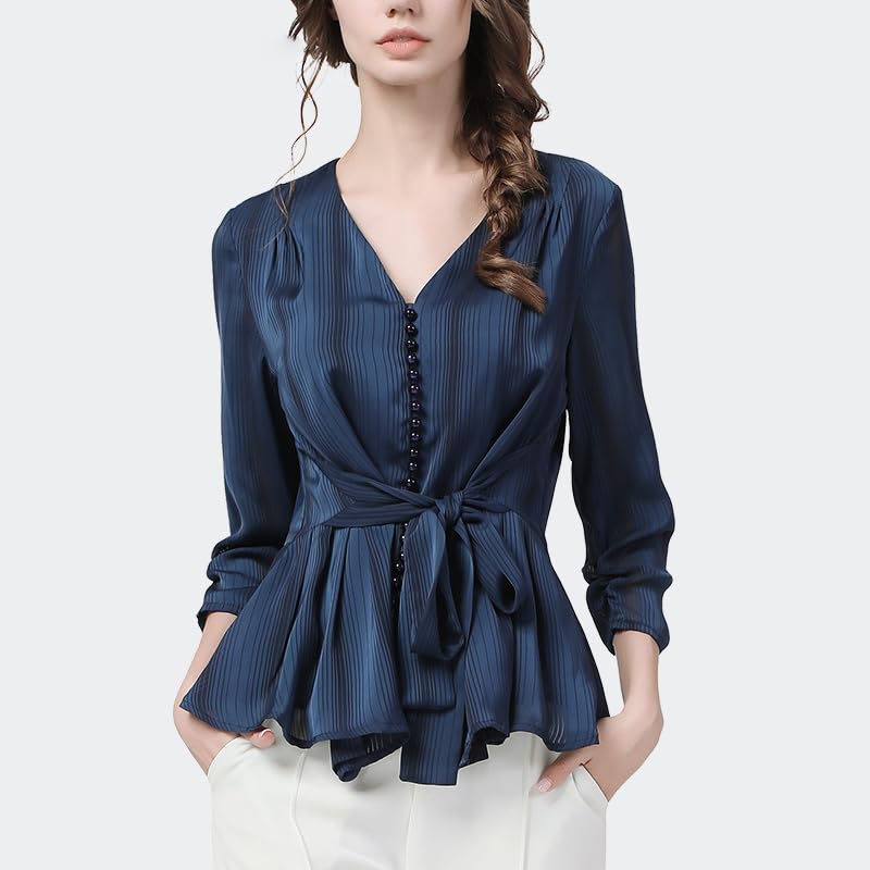 Blusas de Gasa a Rayas Azules para Mujer, Blusas Informales de Oficina con Cuello en V Ajustadas con Fajas y Mangas Tres Cuartos, Camisa (Negro XL)