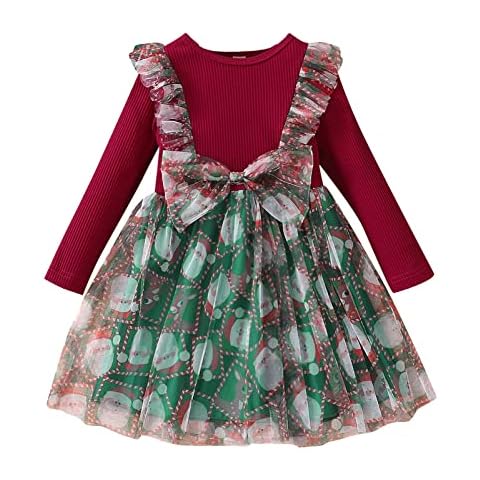 Baby Girl Dress Long Sleeve Toddler Baby Kids Girls Christmas Old Man Prints Tulle Mesh Dress Princess Cloths (Red, 3-4 Years) Cover