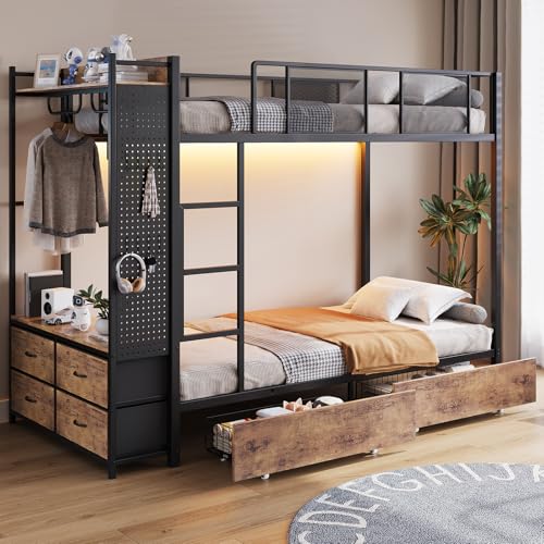 Cozynome Bunk Bed Twin Over Twin with Open Shelf, LED Lights & Charging Station, Metal Bunk Bed with 6 Storage Drawers, Hanging Rod & Ladder, No Box Spring Needed, for Kids Teens, Rustic Brown