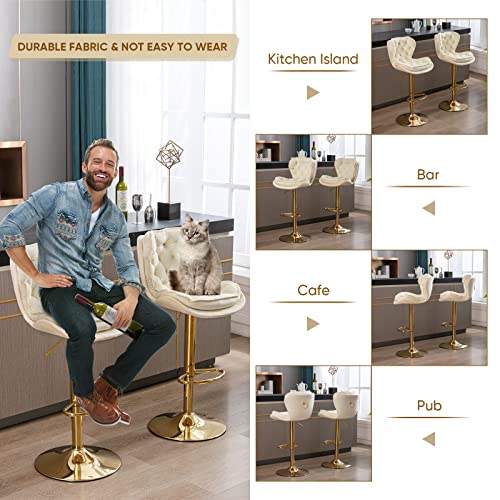 Kinffict Bar Stools Set Of 2, Velvet Counter Height Adjustable Barstools, Swivel Dining Bar Chairs Upholstered Modern Bar Stool For Kitchen Island, Cafe, Bar, Bar Counter, Dining Room, Ivory #TOP4