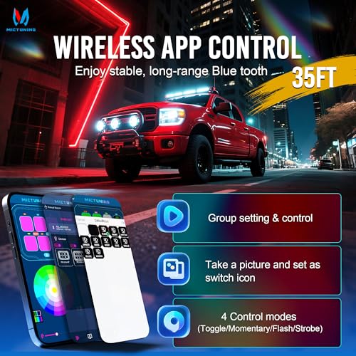MICTUNING P8Y 6 Gang Switch Panel, Bluetooth RGB APP&RF Remote Control 230FT 433MHZ Long Range, IP67 Waterproof Auxiliary Backlit Off Toggle Pulsed Momentary Strobe Circuit Control System Box for Car — view 5