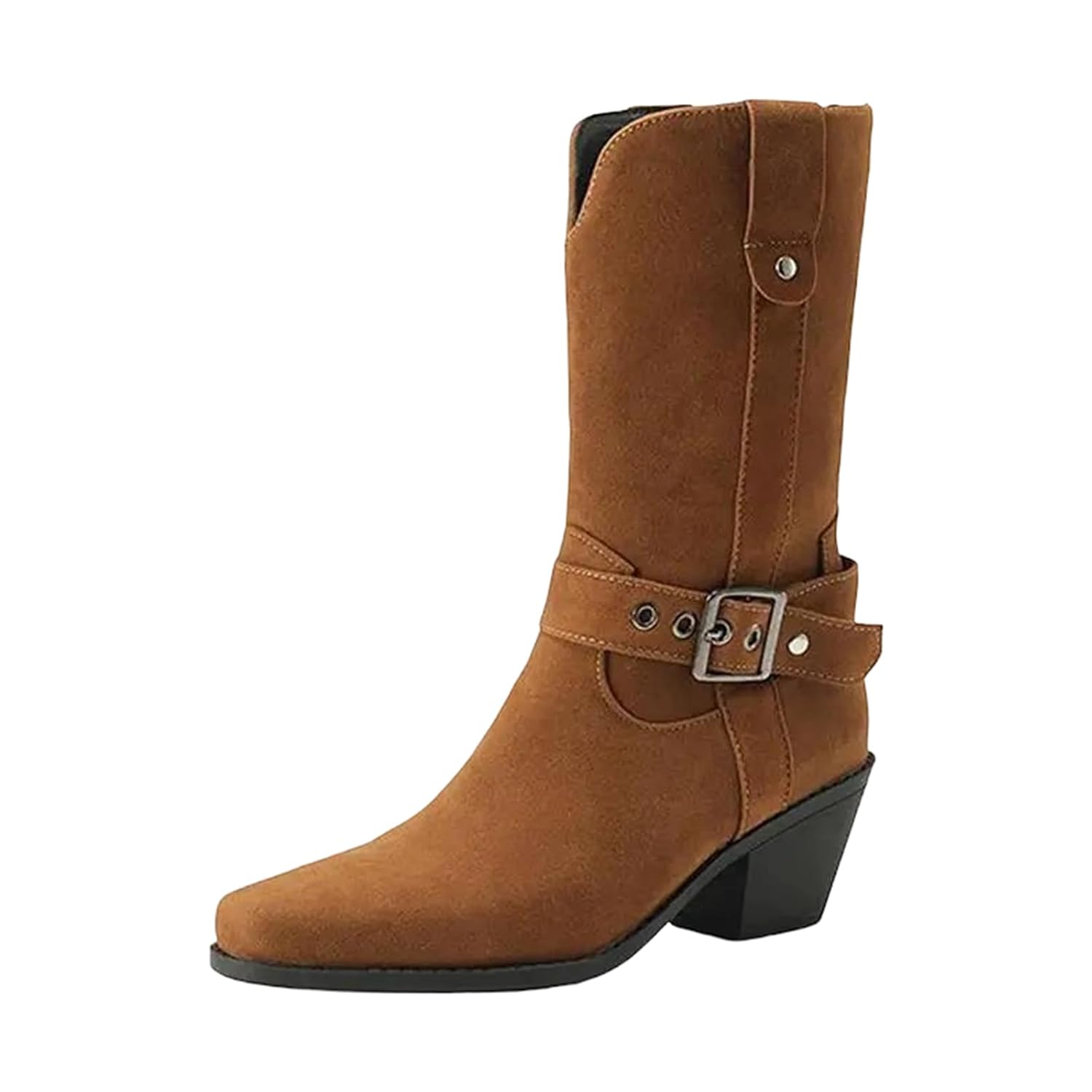 Womens Mid-Calf Western Boots Square Toe Block Heel Slip-On Design With Metal Decoration Casual Daily Retro Style